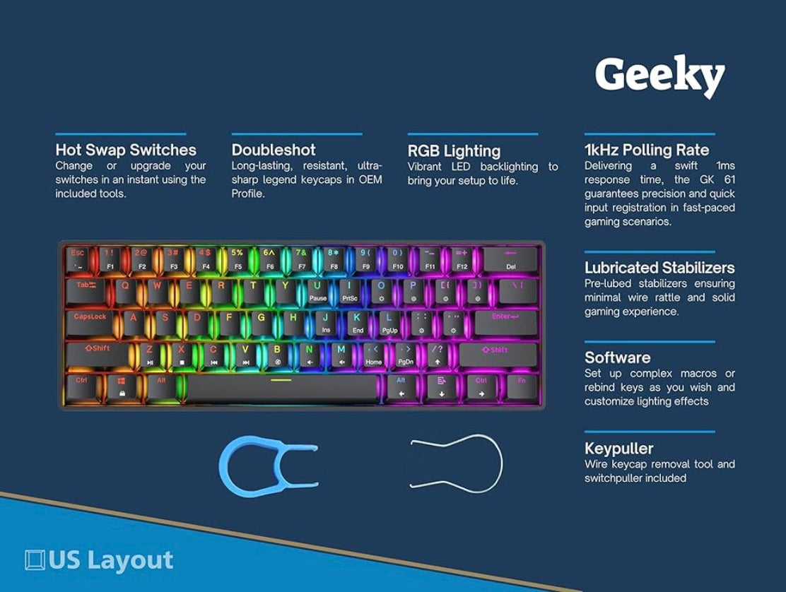GK61 60% Mechanical Gaming Keyboard – RGB Backlit Compact Keyboard