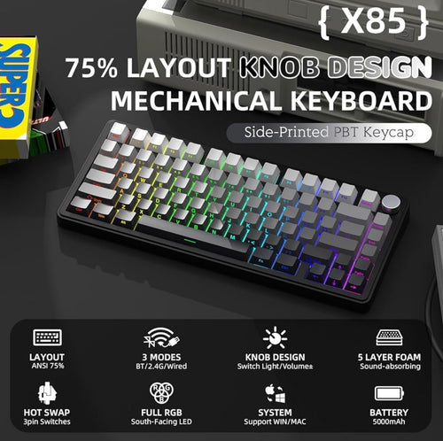 A.JAZZ x Attack Shark X85 Mechanical Keyboard Board, 75% Wireless Gaming Keyboard with Knob, 5 Layer Padding, PBT Side-Printed Keycap,BT/2,4G/USB-C,Linear Switch,Hot-Swap,RGB,for PC Gaming
