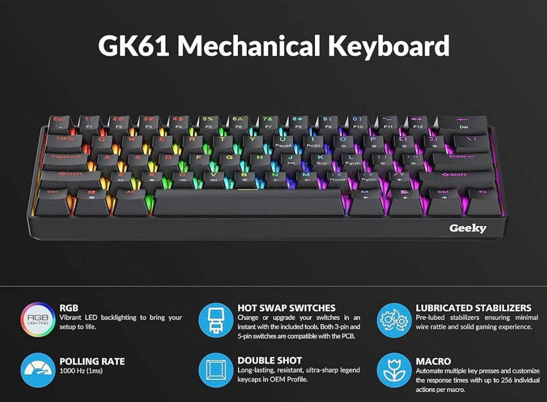 GK61 60% Mechanical Gaming Keyboard – RGB Backlit Compact Keyboard